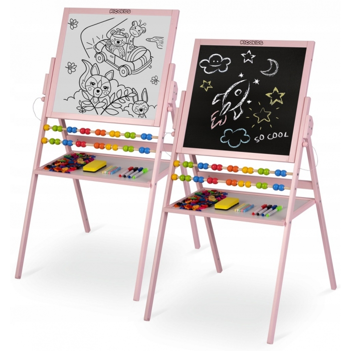 Tabla 2 in 1 cu creta sau marker/magnetica, abac, set de creta colorata si markere, burete, cifre si litere magnetice roz