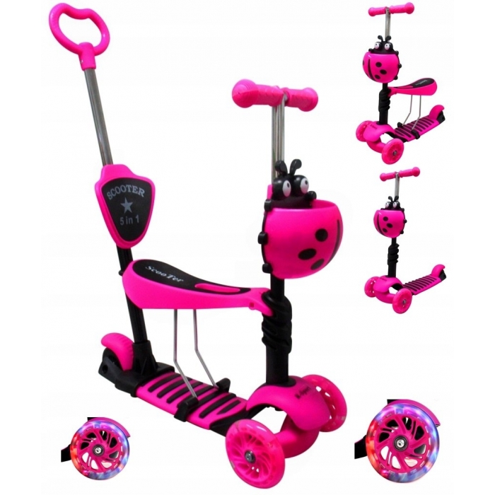 Trotineta 5 in 1 JR R-Sport roz, cu maner parental, scaunel reglabil , ghidon reglabil, roti cu LED, greutate admisa 25 kg, varsta 2-7 ani