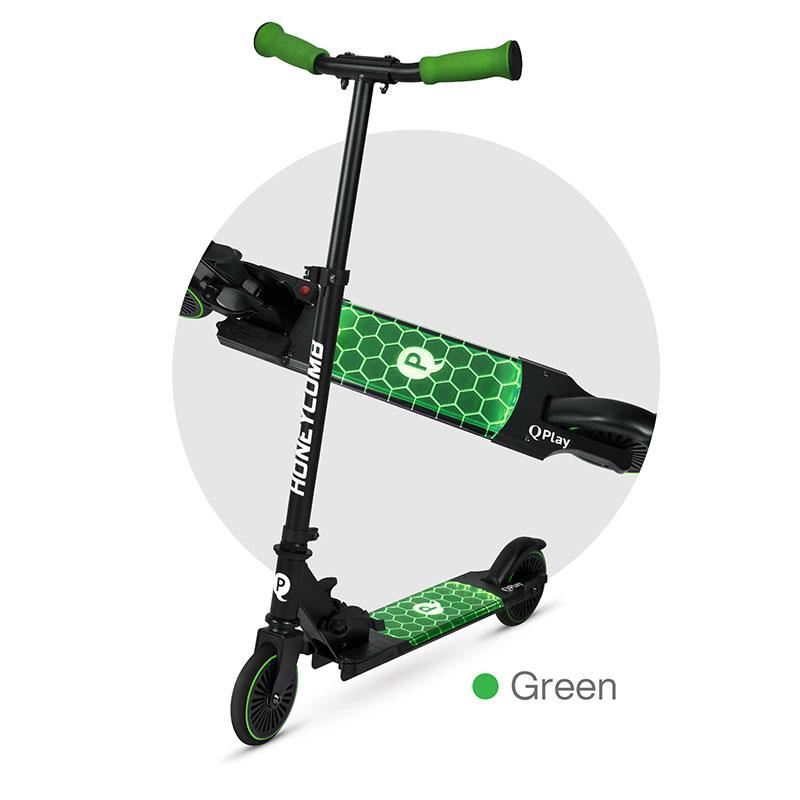 Trotineta QPlay Honeycomb Verde cu lumini LED, pliabila, ghidon reglabil, greutate suportata 50 kg, varsta 5 ani+