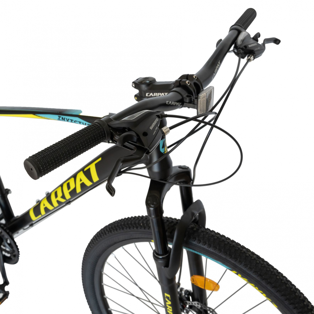 Bicicleta MTB-HT schimbator Shimano Tourney cadru aluminiu 27.5 inchCarpat CSC2757C negru cu galbenalbastru 27.5 imagine 2022 protejamcopilaria.ro