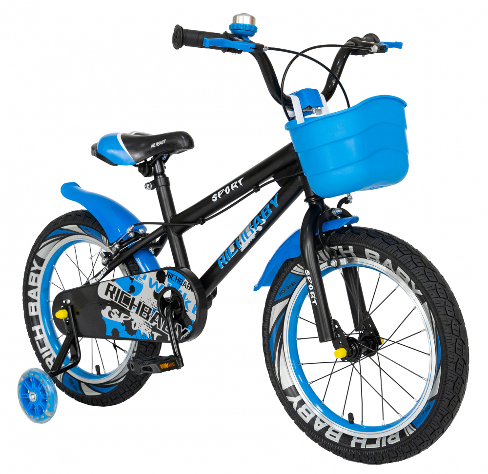 Bicicleta copii 4-6 ani 16 inch C-Brake roti ajutatoare cu Led Rich Baby CSR1603A negru cu albastru (4-6 imagine 2022 protejamcopilaria.ro