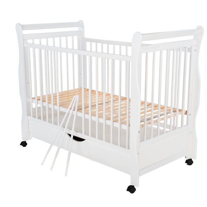 Patut din lemn Jas 120×60 cm cu sertar si roti alb BabyNeeds imagine 2022