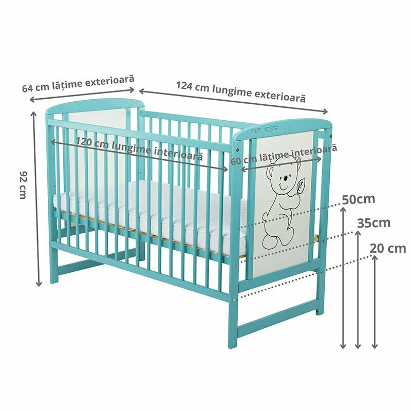 Patut din lemn Timmi BabyNeeds 120x60 cm cu laterala culisanta Mint - 3