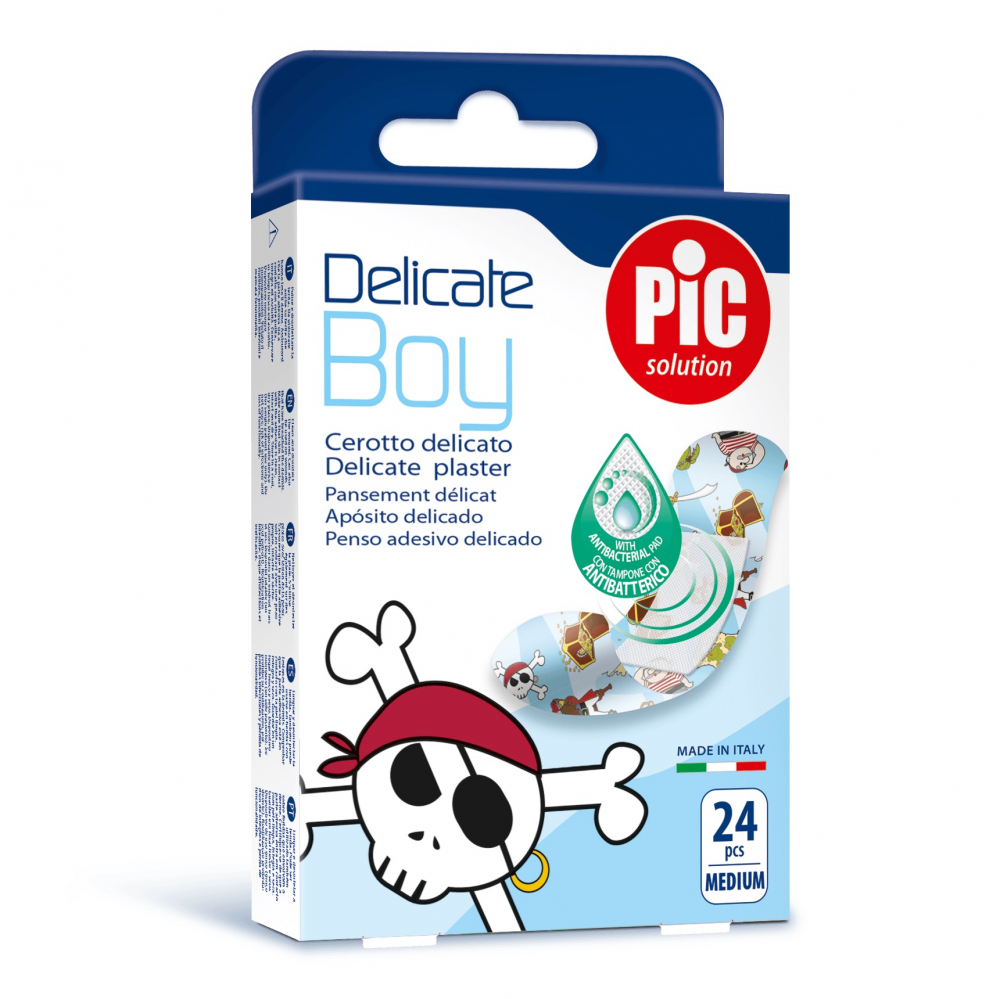 Plasturi piele sensibila Pic Solution Delicate Boy pentru copii 19x72mm cu solutie antibacteriana 24 buccut nichiduta.ro