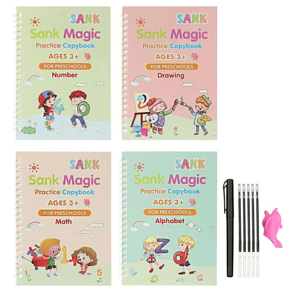 Set cu 4 caiete de lucru si stilou magic pentru scris si desenat Sank Magic rechizite scolare