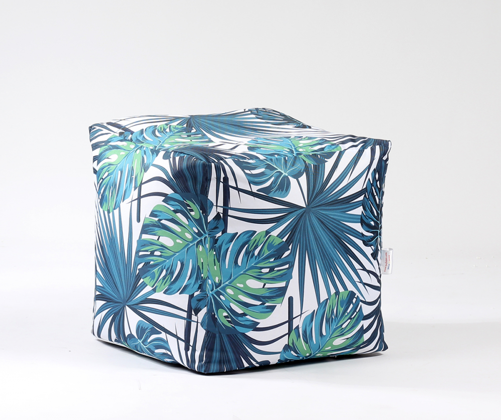 Fotoliu taburet cub mediu frunze tropicale mic imprimat pretabil si la exterior umplut cu perle polistiren Camera