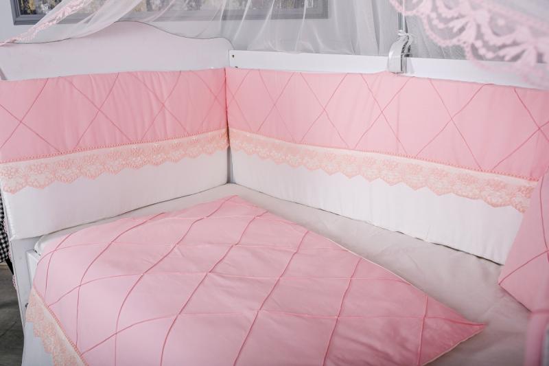 Lenjerie 9 piese Squars alb-roz cu baldachin 120x60 cm - 1