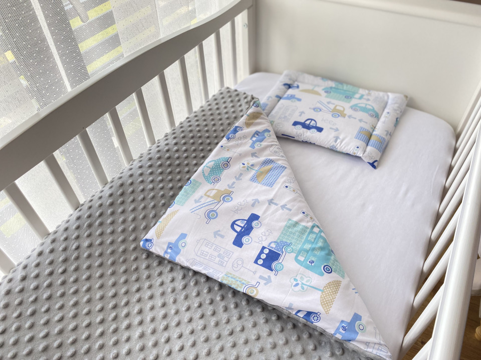 Lenjerie de pat pentru copii maradalia grey bubbles blue car 100 x 80 cm
