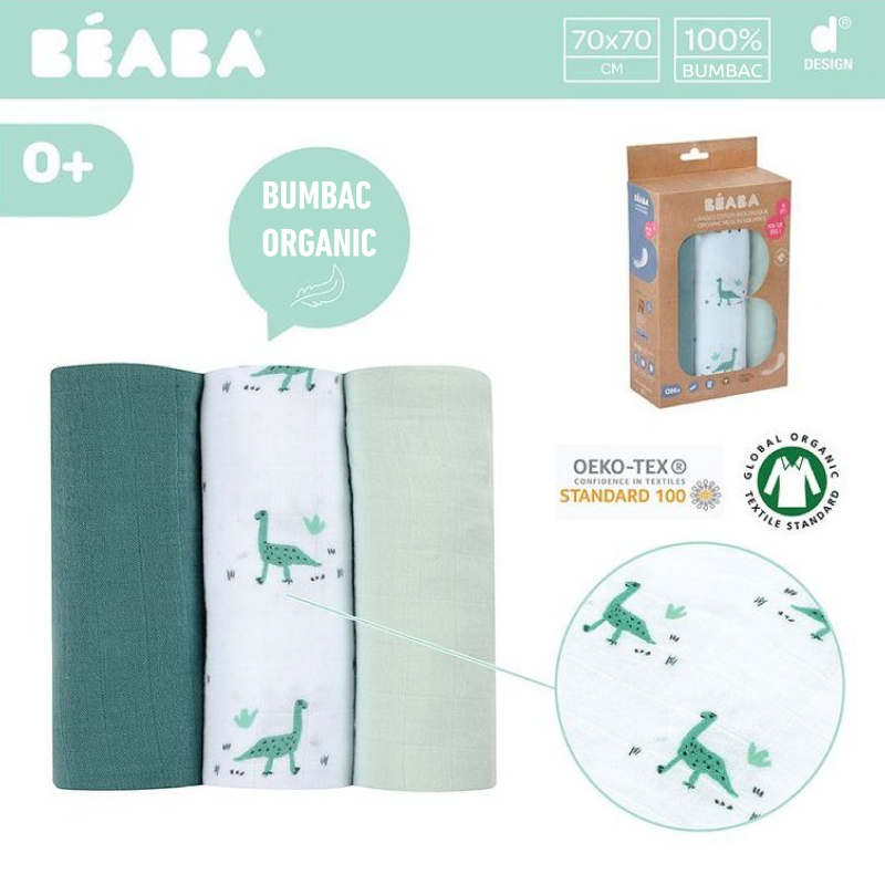 Set 3 museline Beaba bumbac organic 70x70 cm jurassic green - 4