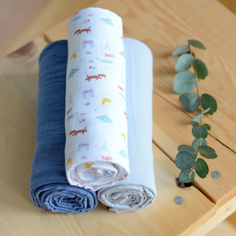 Set 3 museline Beaba bumbac organic 70x70 cm paris blue - 2 | YEO