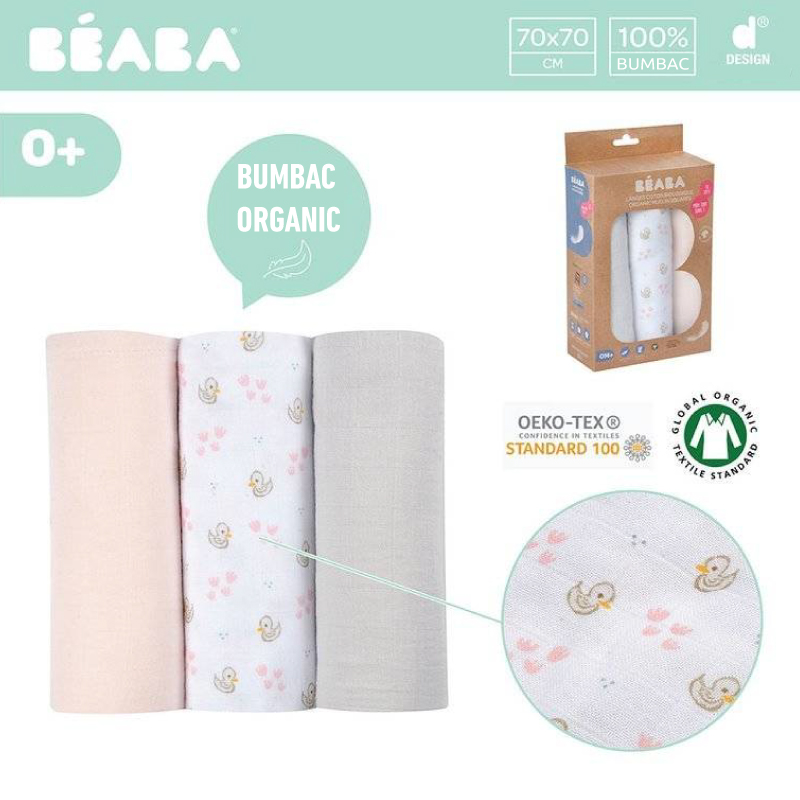 Set 3 museline Beaba bumbac organic 70x70 cm swan pink - 4