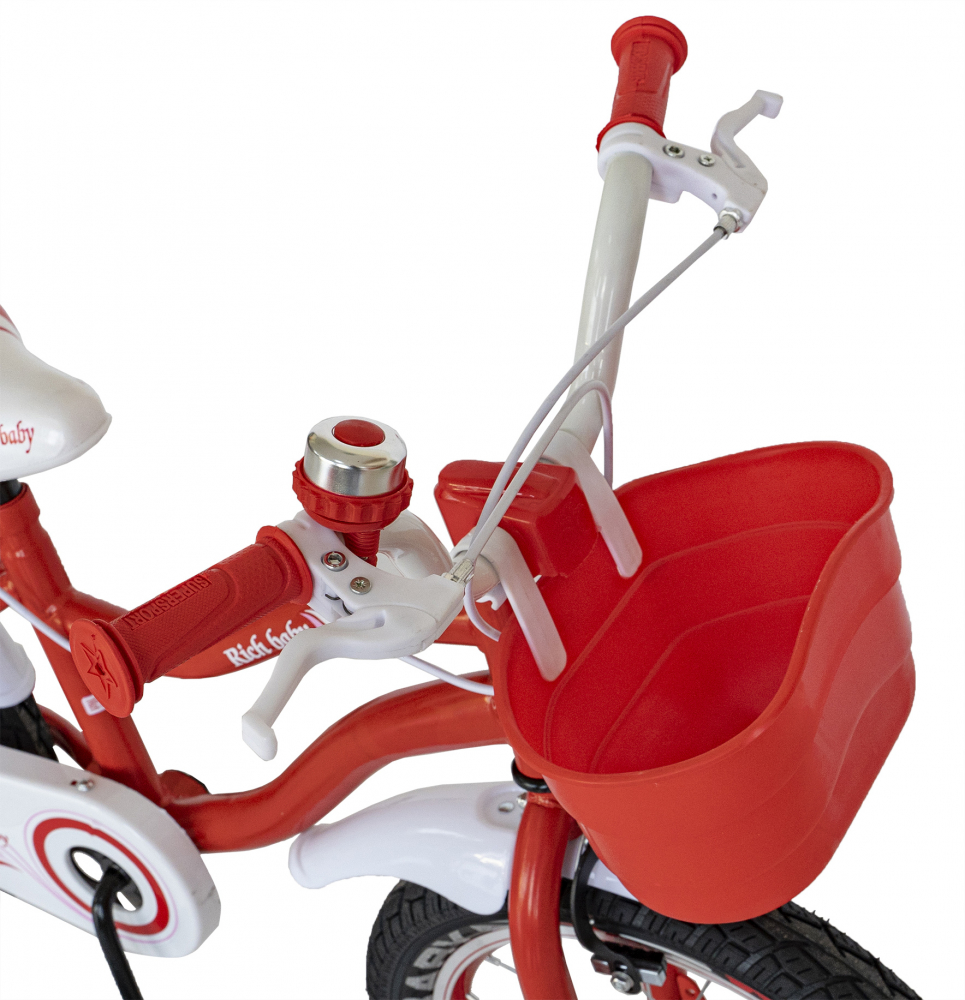 Bicicleta copii 3-5 ani 14 inch C-Brake cu Led Rich Baby R1404A rosu cu design alb 3-5