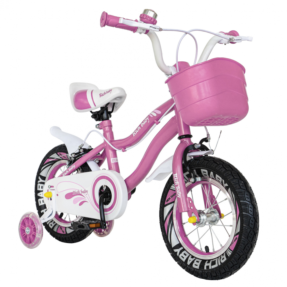 Bicicleta copii 3-5 ani 14 inch C-Brake cu Led Rich Baby R1404A roz cu design alb nichiduta.ro