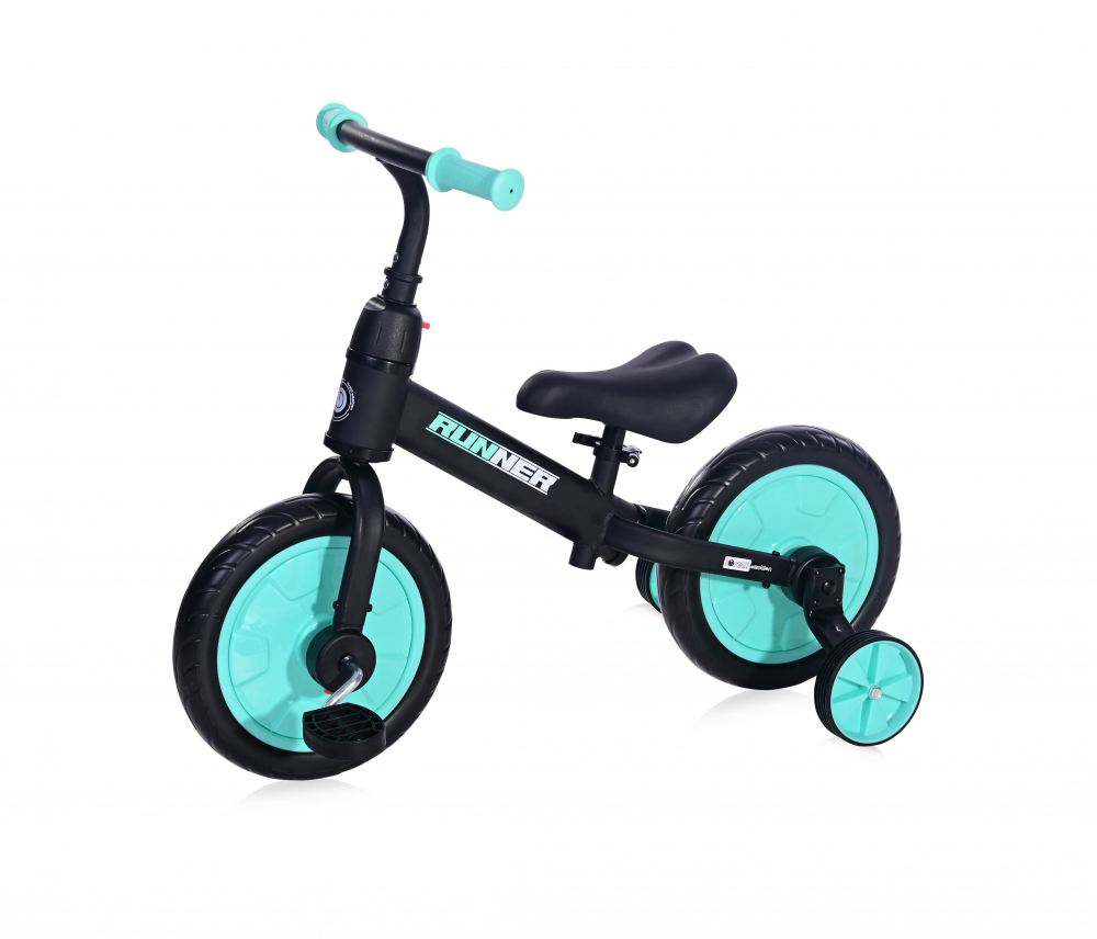 Bicicleta de echilibru 2 in 1 cu pedale si roti auxiliare black turquise