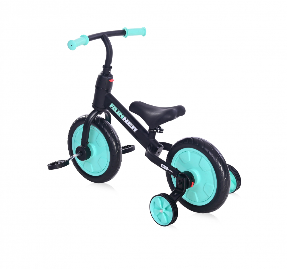 Bicicleta de echilibru 2 in 1 cu pedale si roti auxiliare black turquise LORELLI imagine noua