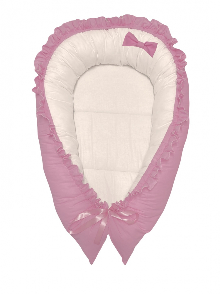 Cuib pentru bebelusi cu desfacere si volanase roz pal - alb