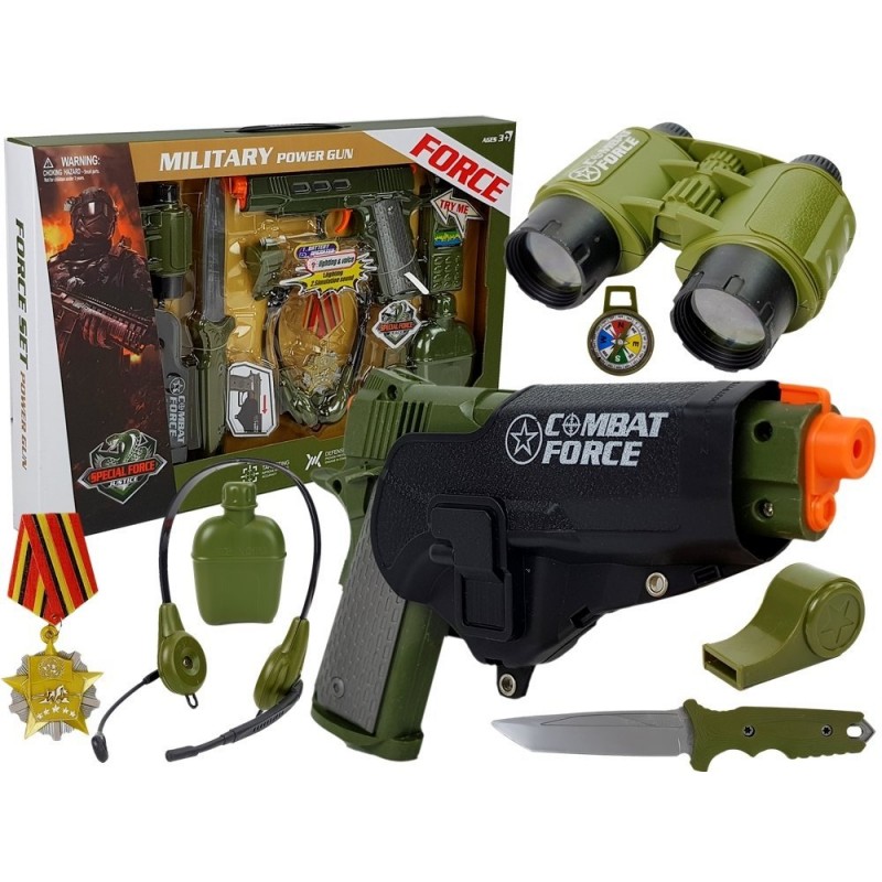 Set de joaca pentru copii pistol cu toc, binoclu si diverse accesorii de armata LeanToys 7865