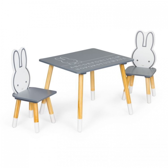 Set de masa cu alfabet si doua scaune in forma de iepuras pentru copii gri si natur Ecotoys