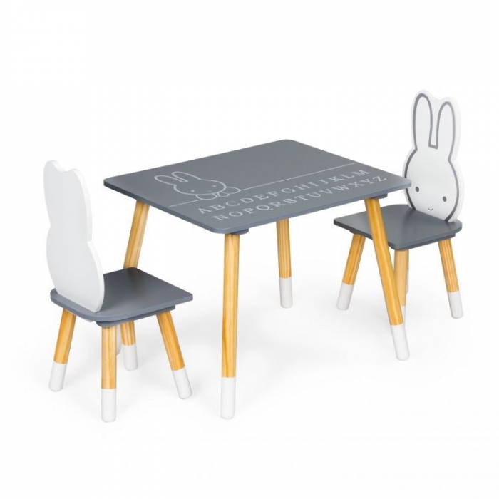 Set de masa cu alfabet si doua scaune in forma de iepuras pentru copii gri si natur Ecotoys - 1