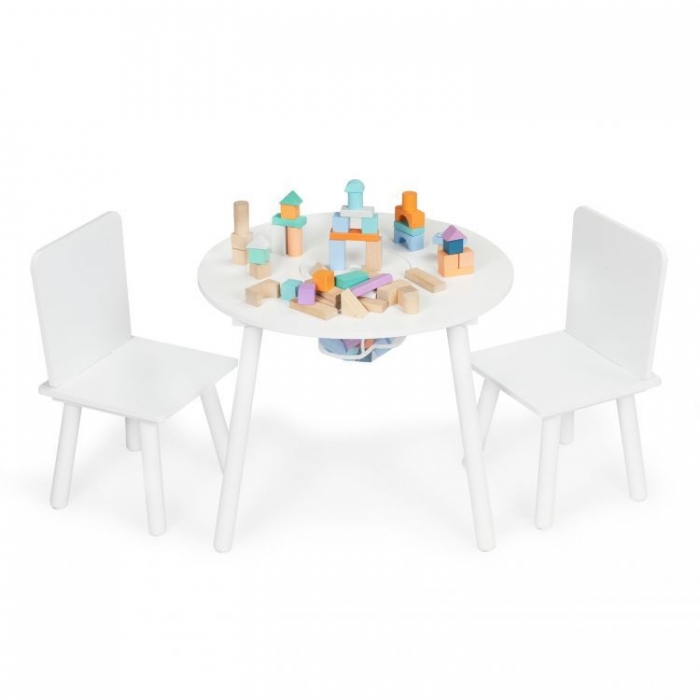 Set de masa cu doua scaune pentru copii si loc de depozitare jucarii alb Ecotoys