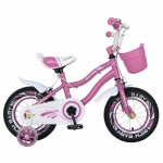 Bicicleta copii 3-5 ani 14 inch C-Brake cu Led Rich Baby R14/04A roz cu design alb