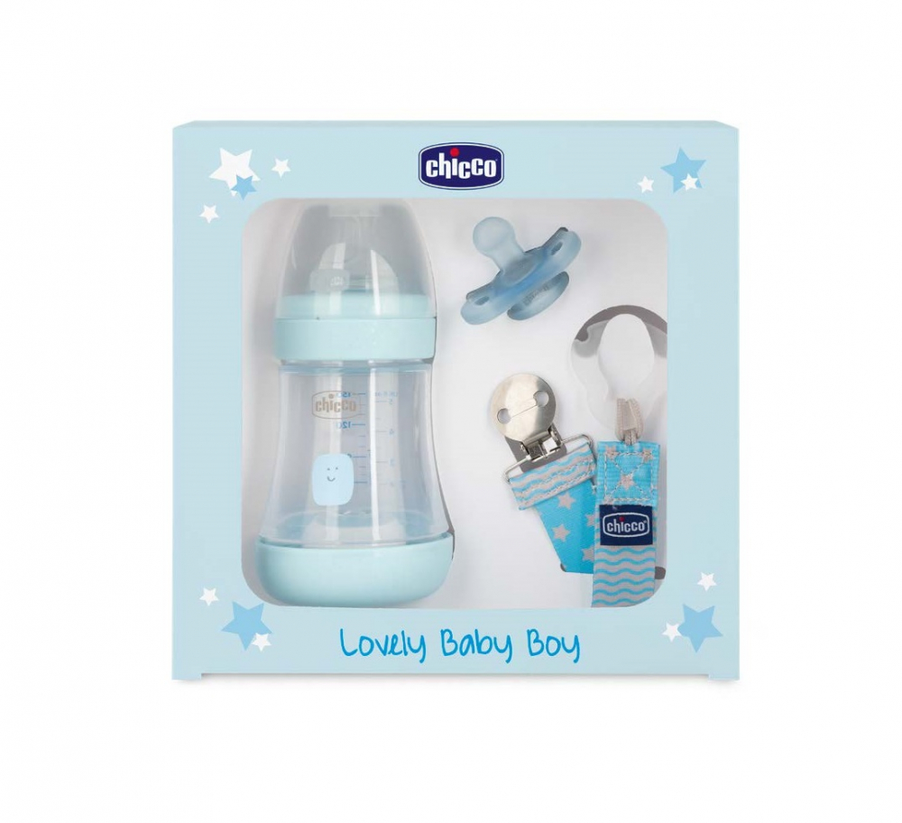 Set cadou Lovely Baby Boy biberon suzeta lantisor albastru 0luni+ Chicco 0luni+ imagine noua responsabilitatesociala.ro