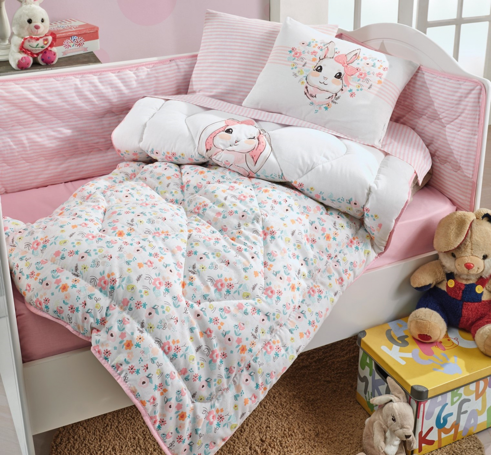 Lenjerie patut cu 6 piese Baby Ranforce Bunny Pembe - 1