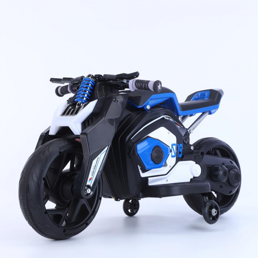 Motocicleta electrica pentru copii Nichiduta Speed Blue 70W cu roti ajutatoare, suport pentru picioare, sunete reale ale motorului