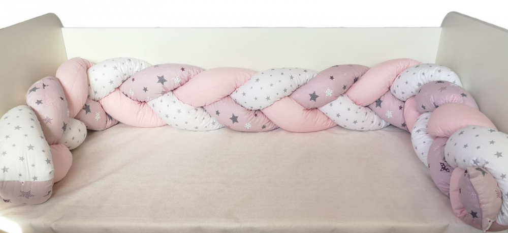 Protectie laterala pentru patut bumper impletit Nichiduta Pink and Grey Stars - 2