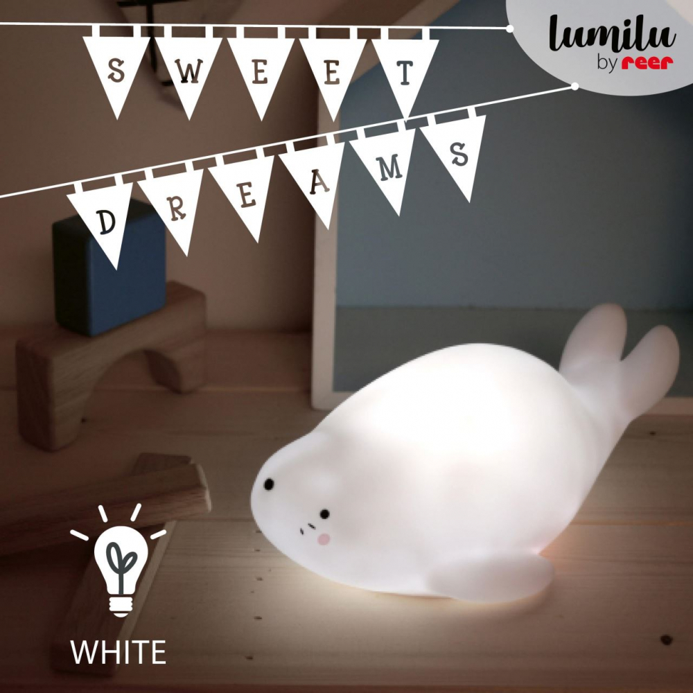 Lampa de veghe si veioza cu LED lumina reglabila si functie oprire cronometrata forma foca alba Lumilu Lazy Friends Seal Reer - 1