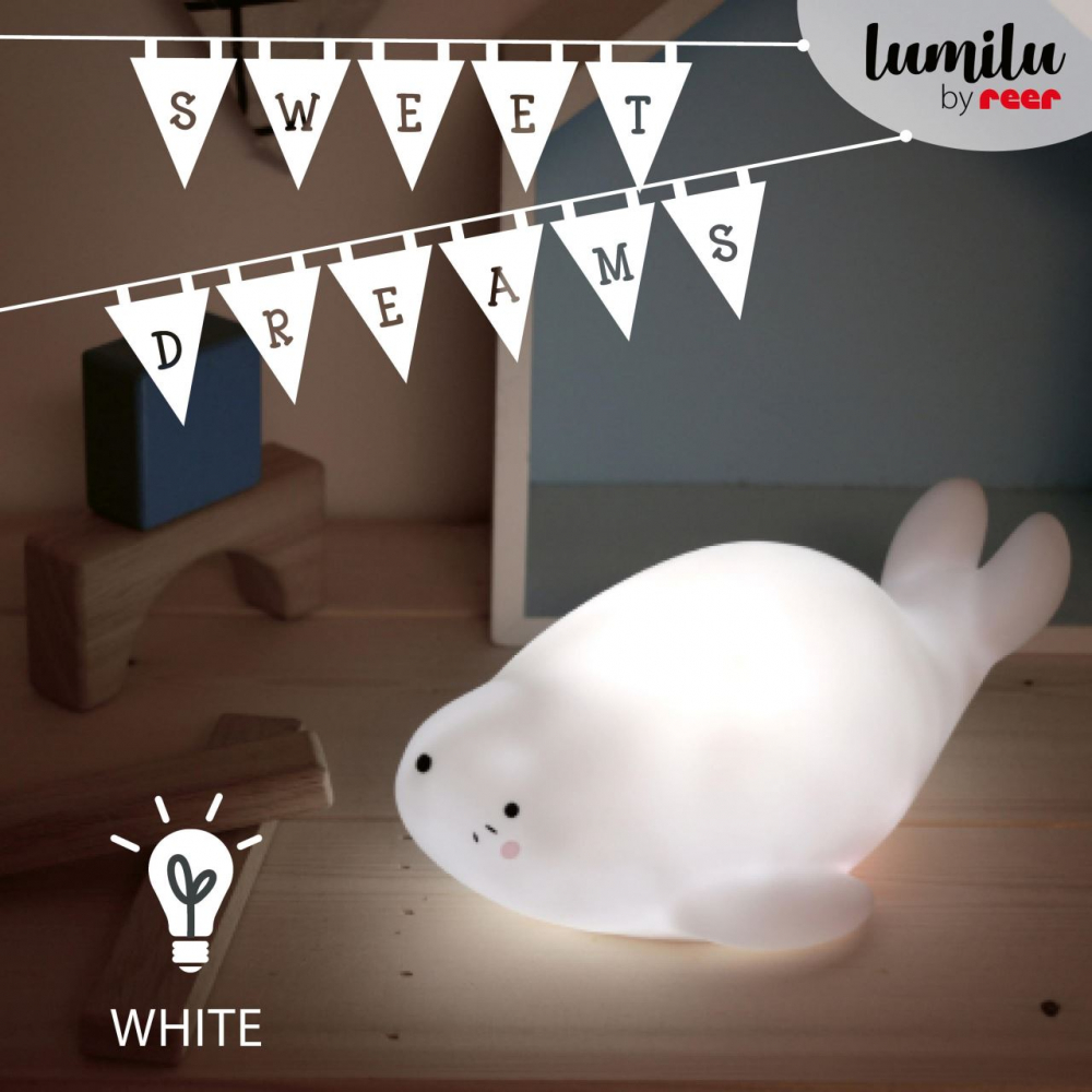 Lampa de veghe si veioza cu LED lumina reglabila si functie oprire cronometrata forma foca alba Lumilu Lazy Friends Seal Reer - 1 | YEO