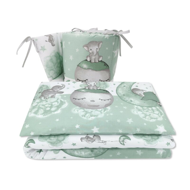 Lenjerie patut 3 piese cu protectie laterala elephant mint din bumbac pentru patut 120x60 cm