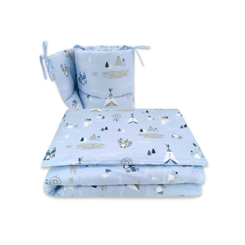 Lenjerie patut 3 piese cu protectie laterala indian blue din bumbac pentru patut 120x60 cm