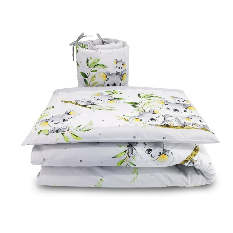 Lenjerie patut 3 piese cu protectie laterala koala bear grey din bumbac pentru patut 120x60 cm