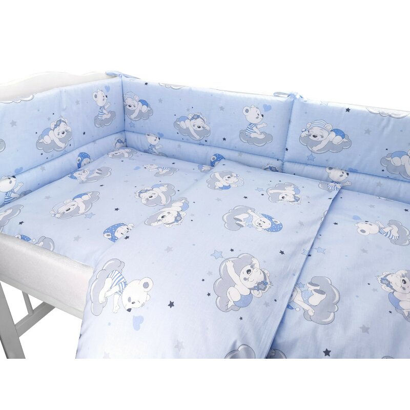 Lenjerie patut 3 piese cu protectie laterala teddy bears on clouds blue din bumbac pentru patut 120x60 cm