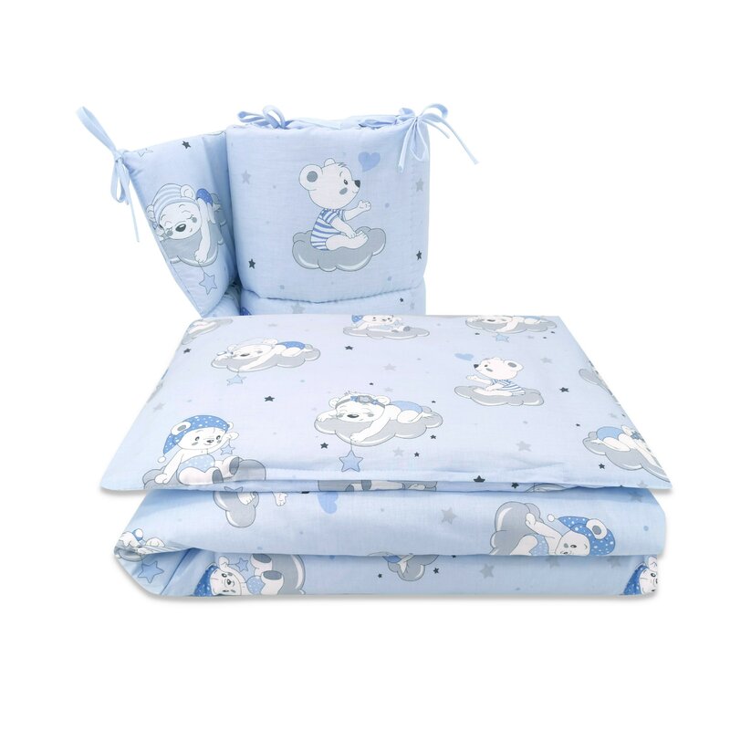 Lenjerie patut 3 piese cu protectie laterala teddy bears on clouds blue din bumbac pentru patut 140x70 cm