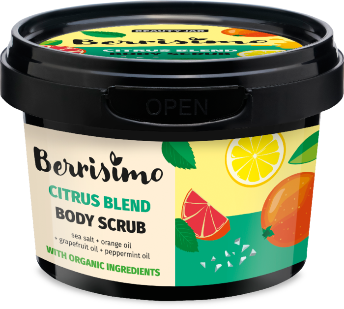 Scrub pentru corp cu ulei de portocale grapefruit si menta si sare de mare Berrisimo Beauty Jar 400g