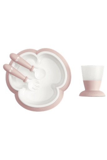 Set hranire farfurie, lingurita, furculita si pahar pentru bebe Powder Pink