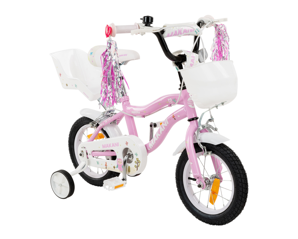 Bicicleta 12 inch cu roti ajutatoare si portbagaj Makani Aurora Pink MAKANI