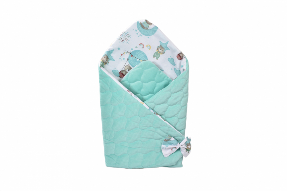 Paturica de infasat model ursuleti si plus velvet matlasat verde 80x80 cm