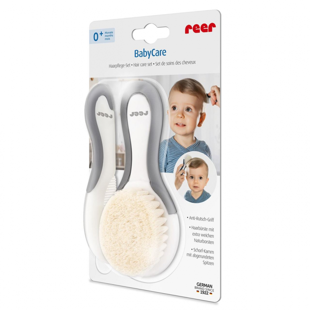 Set perie si pieptene ingrijire bebelusi cu par natural de capra alb cu gri BabyCare Hair Reer 81070 - 1 | YEO