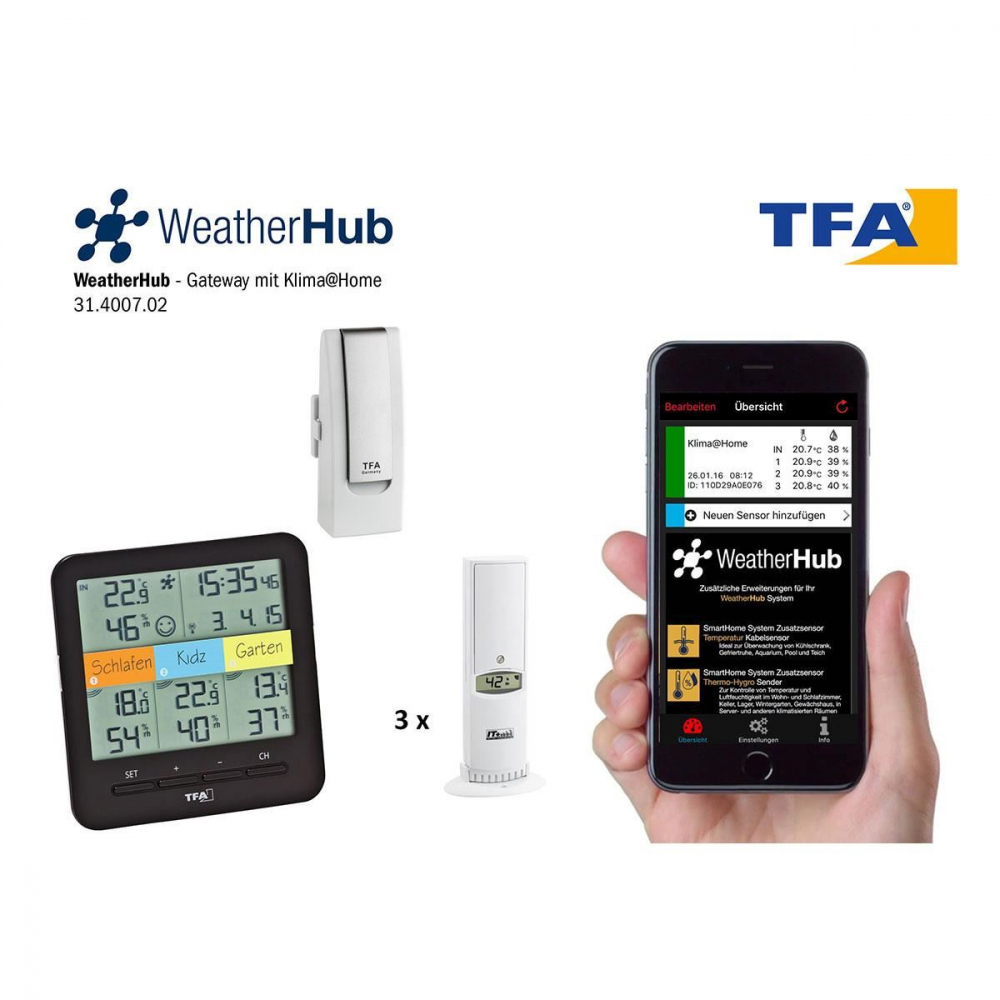 Sistem meteo SmartHome cu termo-higrometru si 3 senzori wireless comunicare cu smartphone Weatherhub - 1 | YEO