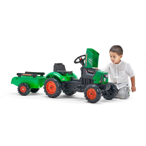Tractor Falk verde pentru copii cu pedale si remorca - 1