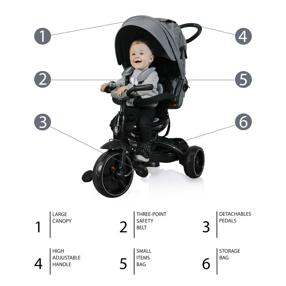 Tricicleta pentru copii Zopa Citi Trike Foggy Grey 6 in 1 cu suport picioare, control al directiei, scaun reversibil, rotire 360 grade, varsta 10 luni+ - 2 | YEO