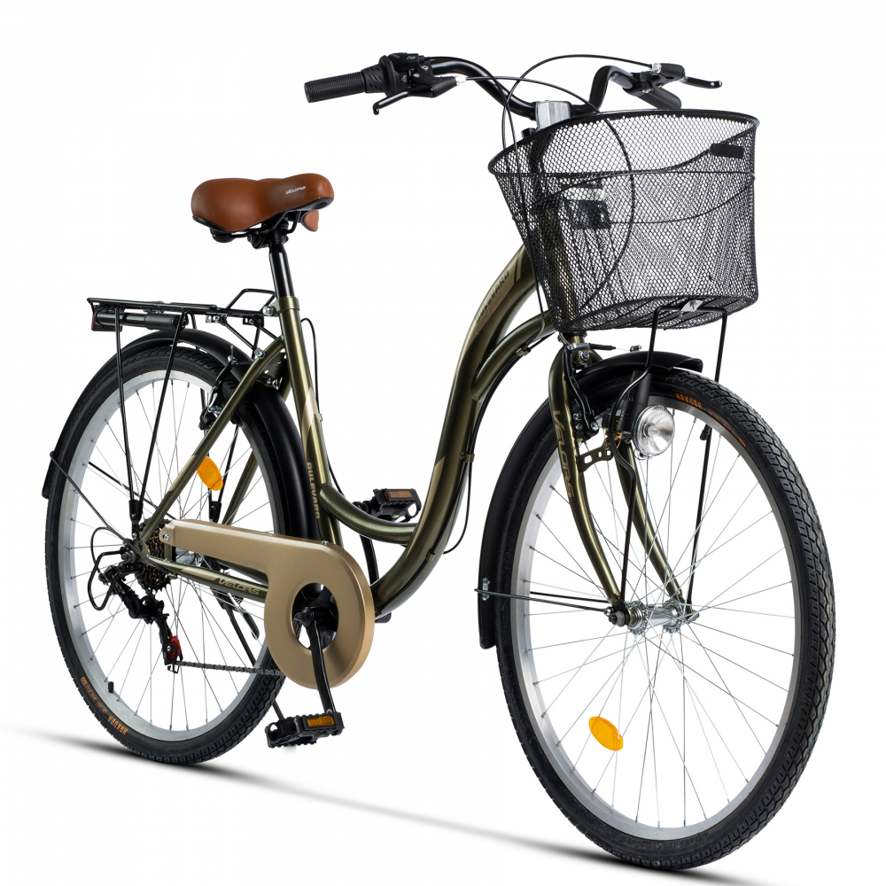 Bicicleta City 7 viteze 26 Inch frane V-Brake V2636A Velors Bulevard echipare Shimano cadru kaki cu design auriu auriu imagine 2022 protejamcopilaria.ro