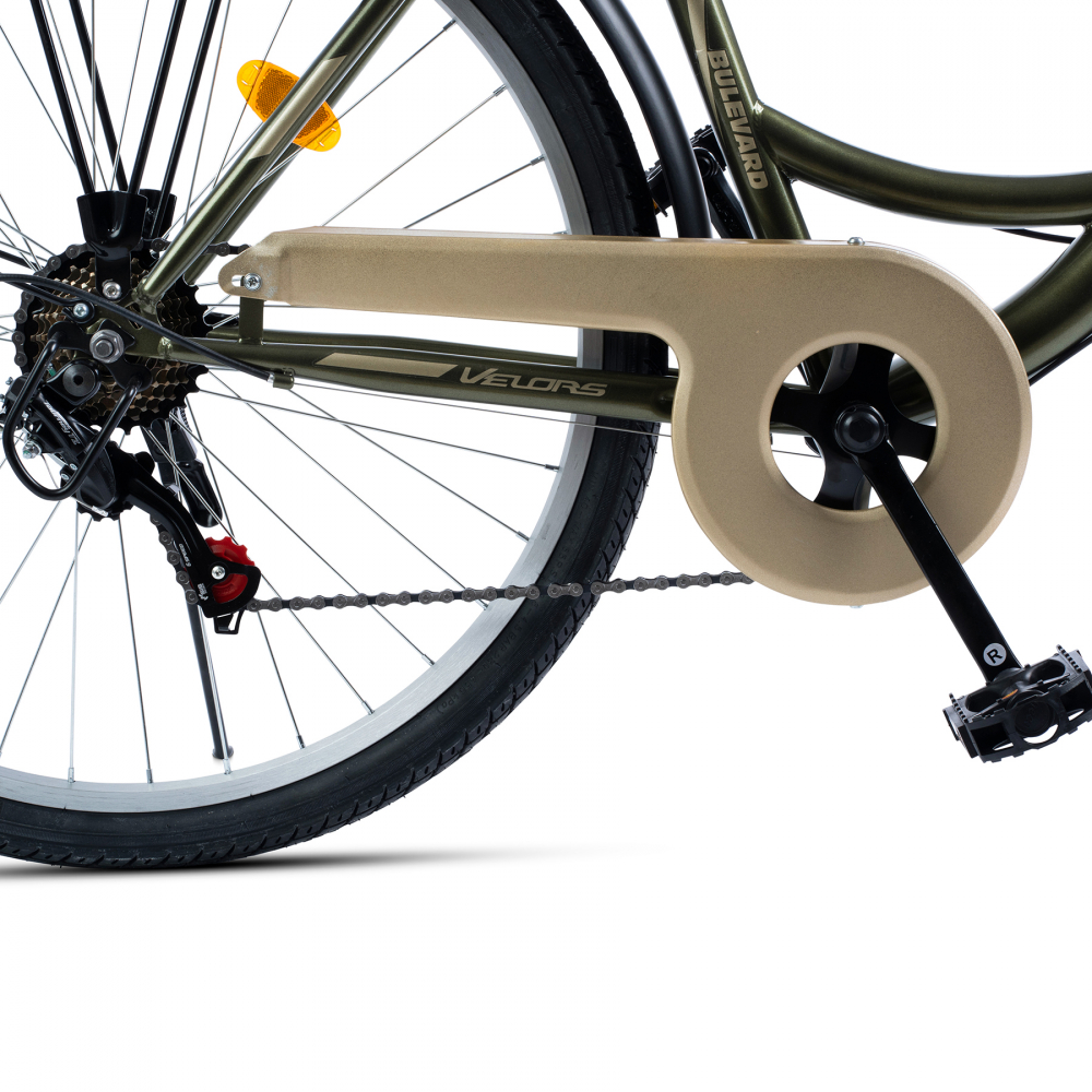 Bicicleta City 7 viteze 26 Inch frane V-Brake V2636A Velors Bulevard echipare Shimano cadru kaki cu design auriu - 2