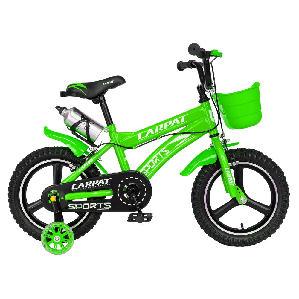 Bicicleta copii 3-5 ani 14 inch roti ajutatoare cu led C1400A cadru verde cu design alb Carpat Kids