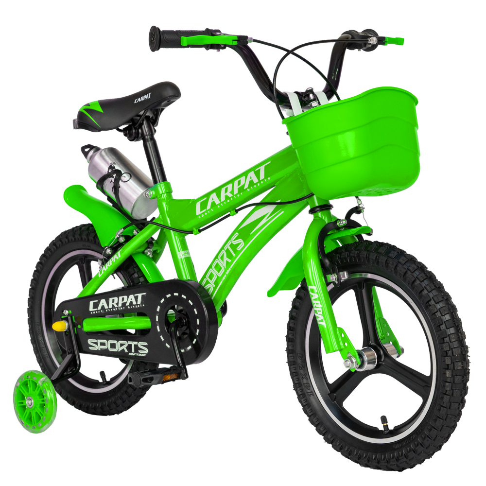 Bicicleta copii 3-5 ani 14 inch roti ajutatoare cu led C1400A cadru verde cu design alb Carpat Kids Carpat imagine noua