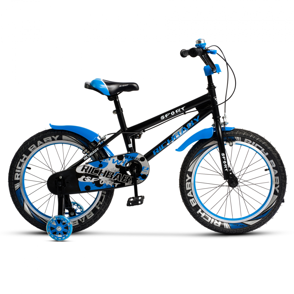 Bicicleta copii 5-7 ani 18 Inch C-Brake roti ajutatoare cu LED Rich Baby R1803A cadru negru cu design albastru - 3