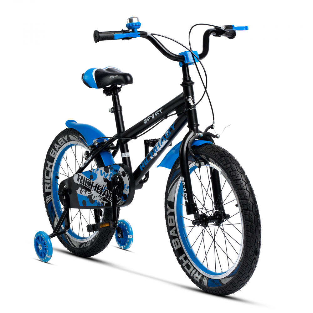 Bicicleta copii 5-7 ani 18 Inch C-Brake roti ajutatoare cu LED Rich Baby R1803A cadru negru cu design albastru